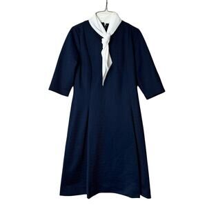 Vintage Mynette‎ navy blue half sleeve white scarf sheath dress Size MEDIUM